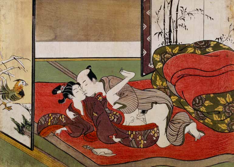 A 'Shunga', from a series of twenty four erotic prints: lovers, a man and a boy, 1725-70 von Suzuki Harunobu