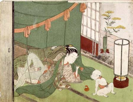 A 'Shunga', from a series of twenty four erotic prints: lovers with a child looking on, 1725-70 von Suzuki Harunobu