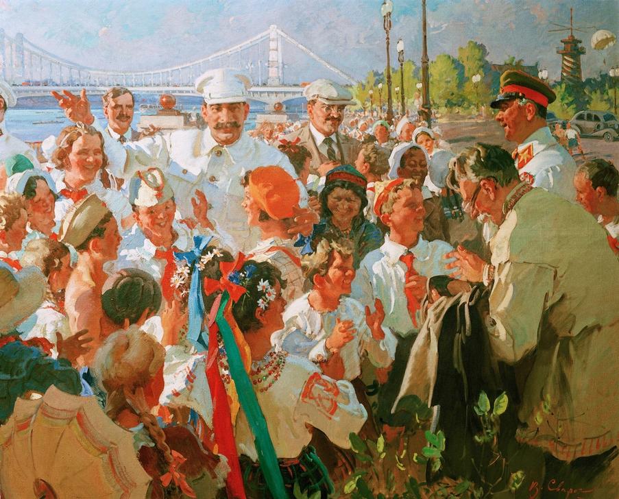 I.W.Stalin und Mitglieder des Politbüros inmitten von Kinde von Wassili Semjonowitsch Swarog