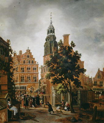 The Munt Tower with a Quack Praising his Merchandise, Amsterdam (oil on panel) von Sybrandt van Beest
