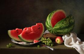 Stillleben mit Wassermelone und Trauben