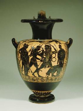 Eine attische, schwarzfigurige Amphore - Herakles und Apollo kämpfen um den Dreifuß. Um 500 v. 