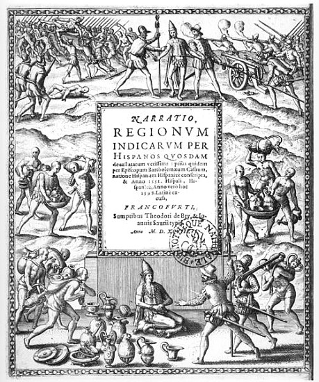 Bartholome de Las Casas (1474-1566) condemning the cruel treatment of the Indians the Conquistadors, von Theodore de Bry