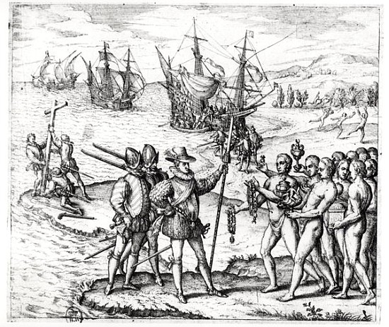 Christopher Columbus (1451-1506) receiving gifts from the cacique, Guacanagari, in Hispaniola (Haiti von Theodore de Bry