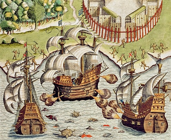 Naval Battle between the Portuguese and French in the Seas off the Potiguaran Territories, from ''Am von Theodore de Bry