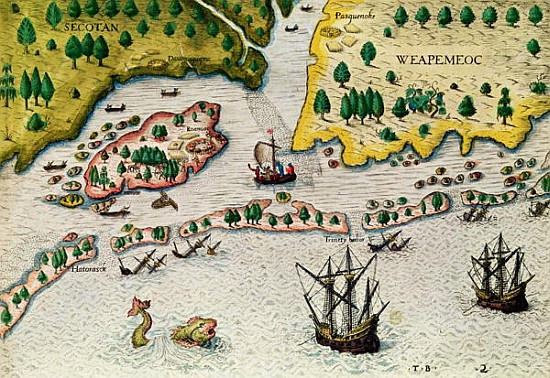The Arrival of the English in Virginia, from ''Admiranda Narratio..'', 1585-88 von Theodore de Bry