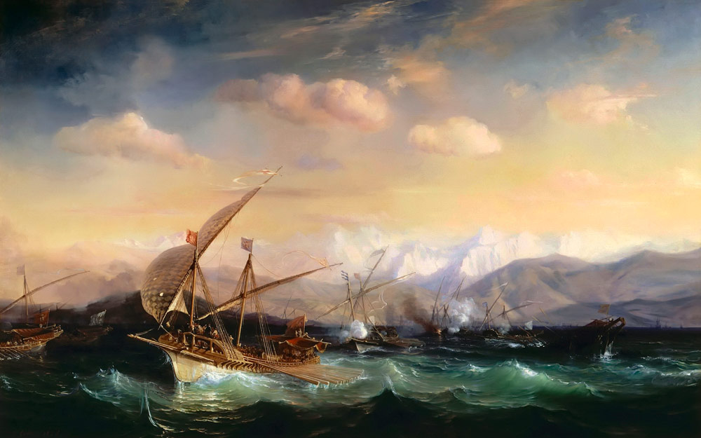 Andrea Doria zerstreut die spanische Flotte vor der Mündung des Var 1524 von Théodore Gudin