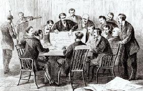 Cubans and Cuban emigres meeting in New York to plan an insurrection in Cuba (engraving) (b/w photo) 19th