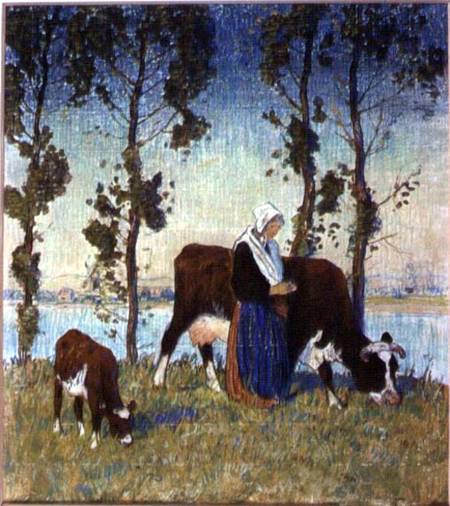 Woman with a Cow and Calf von Thomas Austen Brown