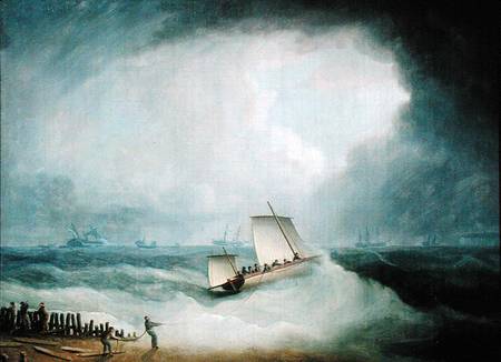 A Deal Lugger Going off to a Storm-bound Ship in the Downs, South Foreland von Thomas Buttersworth