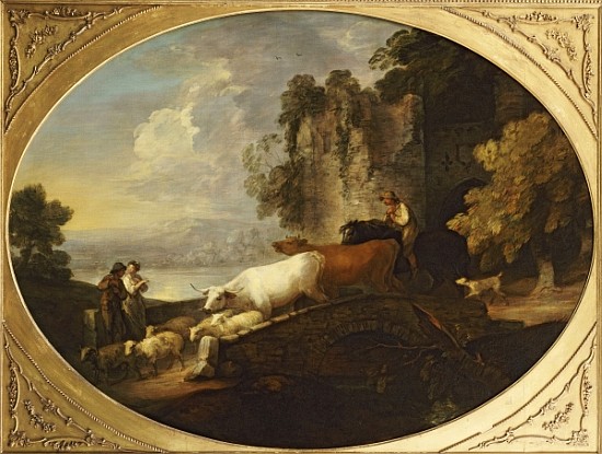 A River Landscape with Rustic Lovers, a Mounted Herdsman Driving Cattle and Sheep over a Bridge with von Thomas Gainsborough