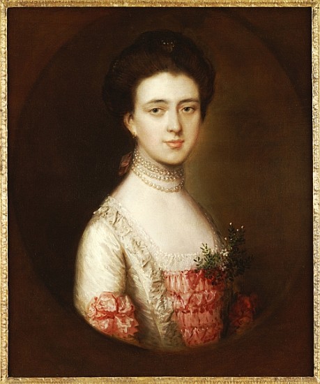 Portrait of a lady, bust length, in a pink and white dress trimmed with lace and a pearl necklace von Thomas Gainsborough