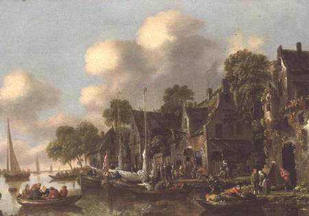 A river landscape with boats and figures by a tavern von Thomas Heeremans