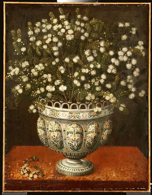 Myrtenstrauß in einer Majolika-Vase von Thomas Hiepes