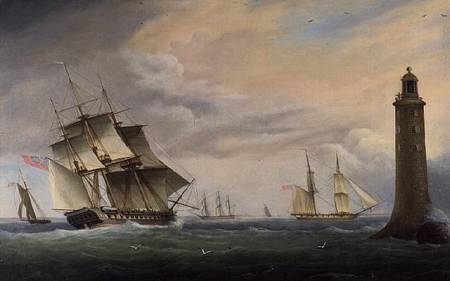 A Frigate and a Naval Brig passing the Eddystone Lighthouse von Thomas L. Hornbrook