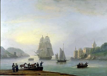 A Brig Entering Dartmouth Harbour, with a Ferry in the Foreground von Thomas Luny