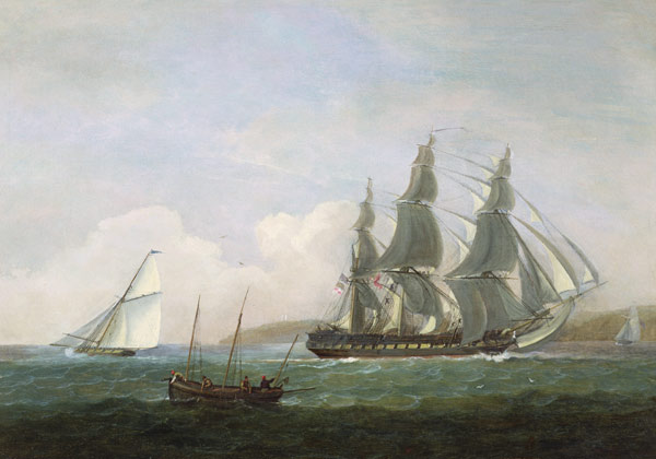A frigate running under full sail, with a cutter and a lugger off the West Country von Thomas Luny