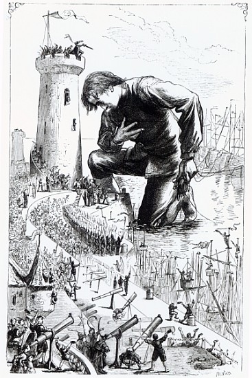 Gulliver kneels before the Lilliputians after stealing the Blefuscudian fleet, illustration from ''G von Thomas Morten