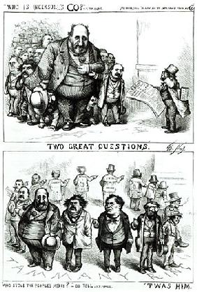 Cartoons featuring William Marcy ''Boss'' Tweed, James Ingersoll and George Miller, from ''Harper''s