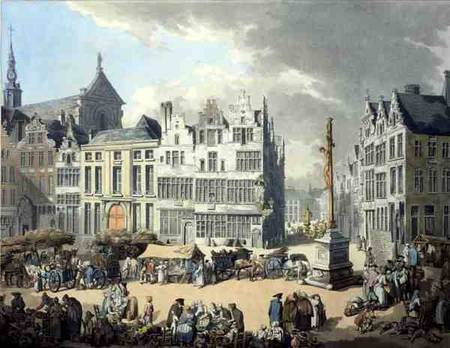 Place de Mier at Antwerp, engraved by Wright and Schutz, pub. by Rudolph Ackermann von Thomas Rowlandson