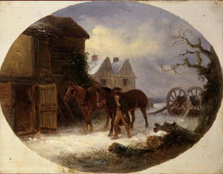 Boy leading horses to a barn in the snow von Thomas Smythe