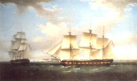 The Indiaman in two positions off Walmer Castle, Kent von Thomas Whitcombe