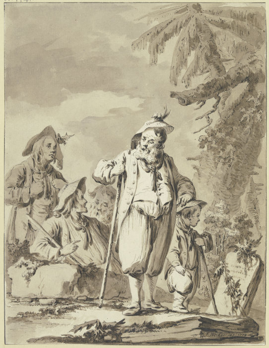 Ein alter Bauer mit drei Begleitern und einem Knaben bei einem Gedenkstein von Tiberius Dominikus Wocher