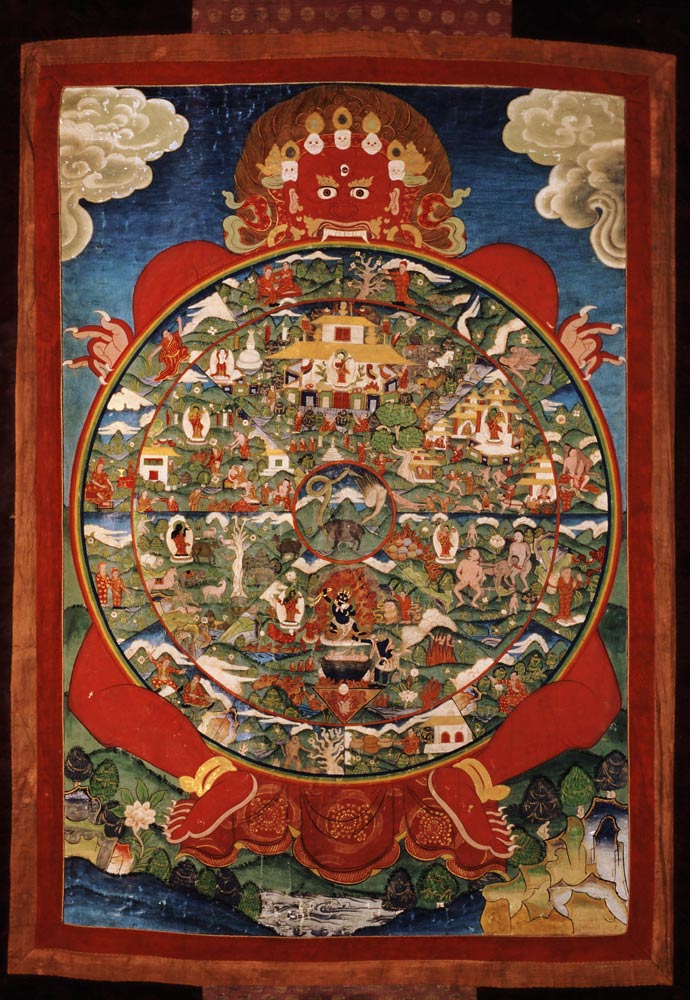 Thangka, depicting Wheel of Life turned by red Yama (Lord of Death) von Tibetan