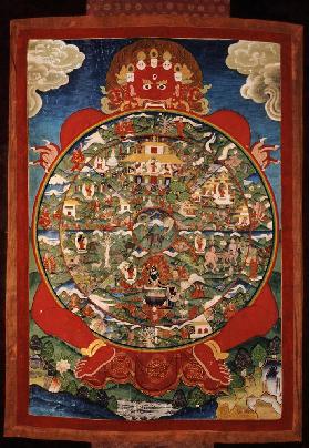 Thangka, depicting Wheel of Life turned by red Yama (Lord of Death) 19th-20th