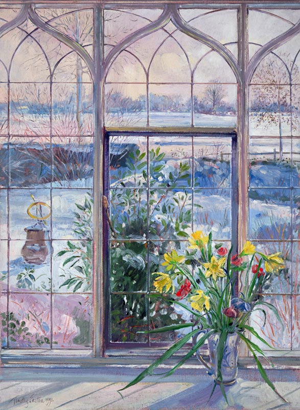 Daffodils and Sundial Against the Snow, 1991  von Timothy  Easton