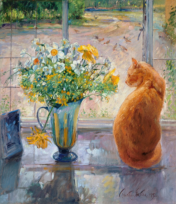Striped Jug with Spring Flowers, 1992  von Timothy  Easton
