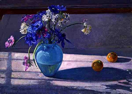 Anemones and a Blue Glass Vase, 1994 (oil on canvas)  von Timothy  Easton