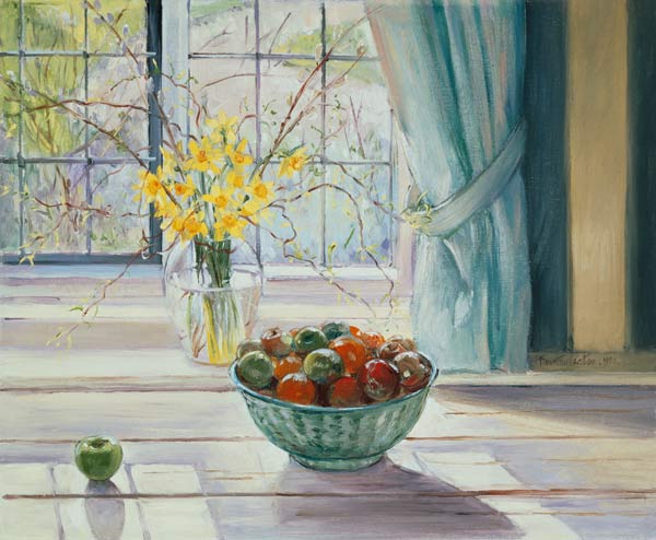 Fruit Bowl with Spring Flowers, 1990 (oil on canvas)  von Timothy  Easton
