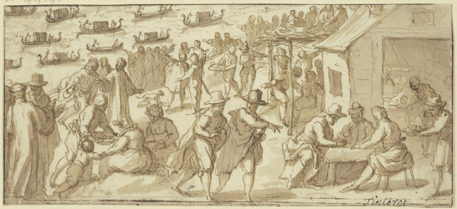 Volksszene am Ufer eines venezianischen Kanals mit Gondeln von Tintoretto