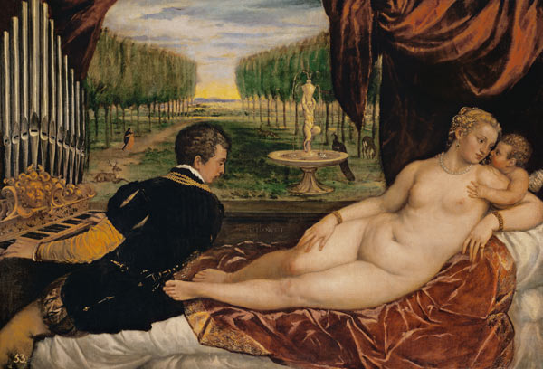 Venus mit dem Orgelspieler und einem Putto. von Tizian (Tiziano Vercellio/ Titian)