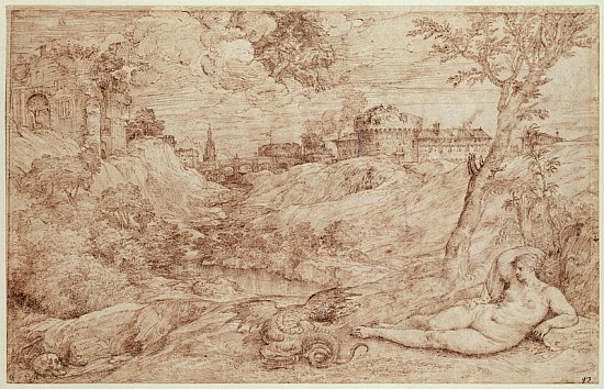 Landscape with a Dragon and a Nude Woman Sleeping (pen & ink and wash on paper) von Tizian (Tiziano Vercellio/ Titian)