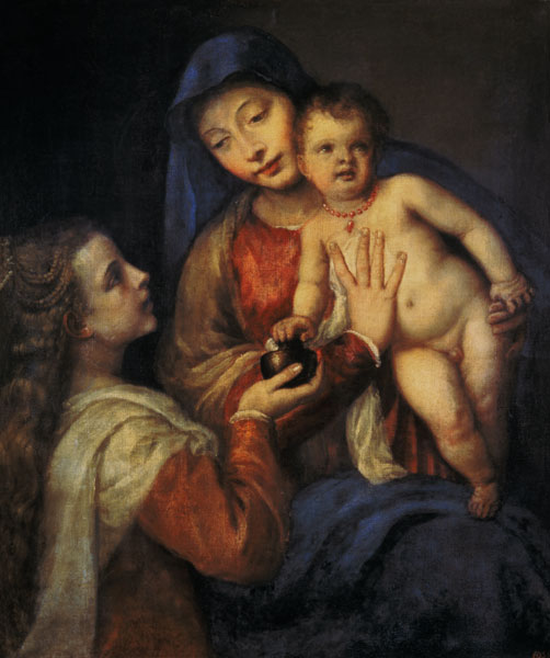 Madonna mit Kind und Maria Magdalena. von Tizian (Tiziano Vercellio/ Titian)