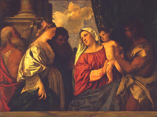 Maria mit dem Kind und vier Heiligen von Tizian (Tiziano Vercellio/ Titian)
