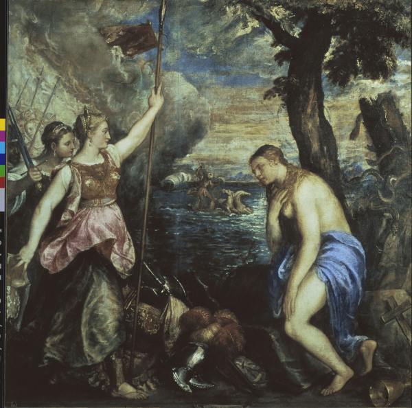 Titian / Spain aiding Religion / 1566-75 von Tizian (Tiziano Vercellio/ Titian)