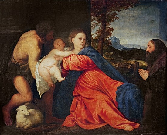 Virgin and Infant with Saint John the Baptist and Donor von Tizian (Tiziano Vercellio/ Titian)