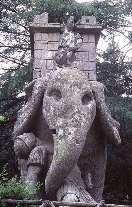 One of Hannibal's elephants, stone sculpture in the Parco dei Mostri (Monster Park) gardens laid out von to designs sy Giacomo Barozzi da Vignola the Duke of Orsini