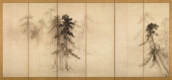 Kiefernwald (Rechter Teil von zwei sechsteiligen Wandschirme) von Tohaku Hasegawa 
