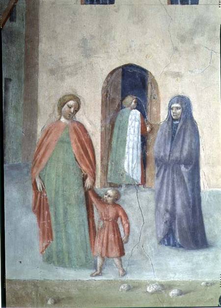 St. Peter Healing a Cripple and the Raising of Tabitha (Detail of distant figures: nun and mother an von Tommaso Masolino da Panicale