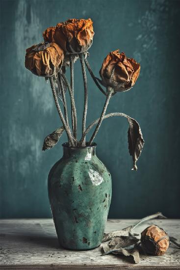 Trockene Blumen in türkisfarbener Vase