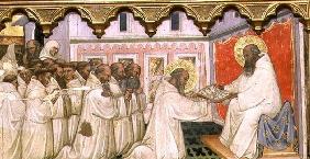 St. Benedict hands over the Rule of the New Order to the Monks of Monte Cassino (tempera on panel) 1889