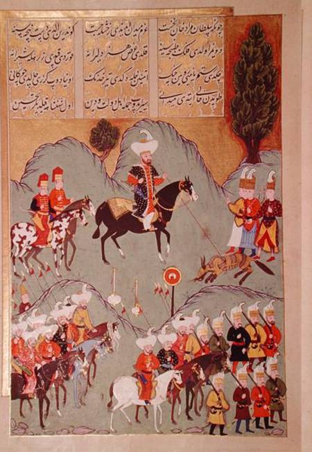 Sultan Murad I (c.1326-1389) hunting a wolf, from 'Hunernama' (Mss Hazine. 1524 f.83v) von Turkish School