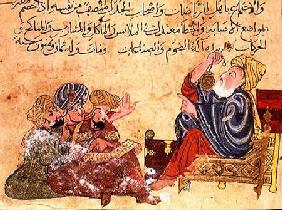 Aristotle teaching. illustration from 'The Better Sentences and Most Precious Dictions' by Al-Moubba 13th centu