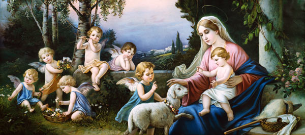 Maria mit Jesuskind, Schaf und Putten in einer idealisierten Landschaft. von (um 1900) Anonym