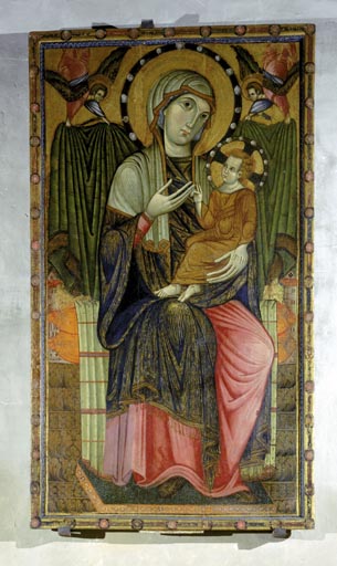Thronende Maria mit Kind und zwei Engel von um Meister von S. Chiara