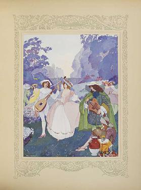 Es gab Hirten und Hirtinnen, die zum Klang von Flöten und Dudelsäcken tanzten, Illustration aus "Con 1912